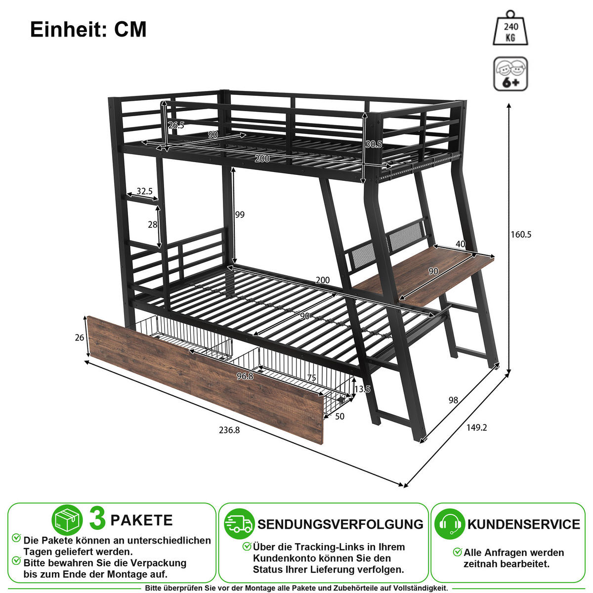 HOCHBETT 90/200 cm in Schwarz mit Schubladen, LED und Schreibtisch - Schwarz, Holzwerkstoff/Metall (90/200cm) - CHICFURN