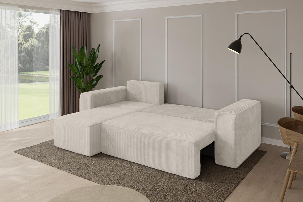 ROHOVÁ SEDAČKA s funkcí spaní, otoman vlevo SENO-L 249x139x85 krémová manšestr - černá/krémová, kompozitní dřevo/textil (249/139cm) - ALTDECOR