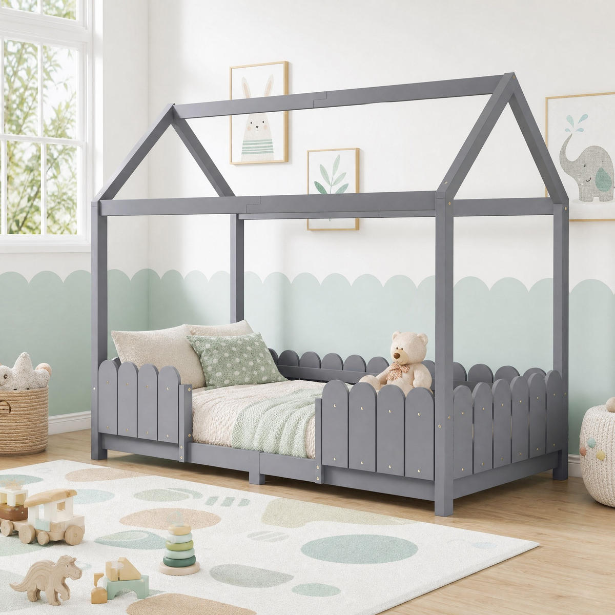 HAUSBETT 90/200 mit Dach, Rausfallschutz und Lattenrost in Grau - Grau, Holzwerkstoff (90/200cm) - EVRYAE