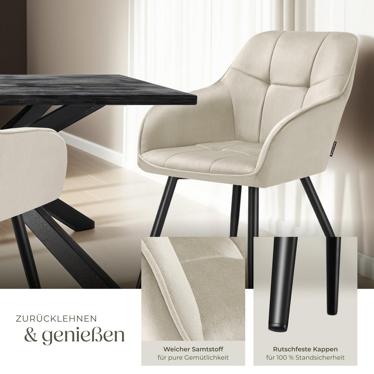 ESSZIMMERSTUHL 2er Set Marilyn 58 x 62 x 82 cm creme/schwarz - Creme/Schwarz, Kunststoff (58/82/62cm) - tectake