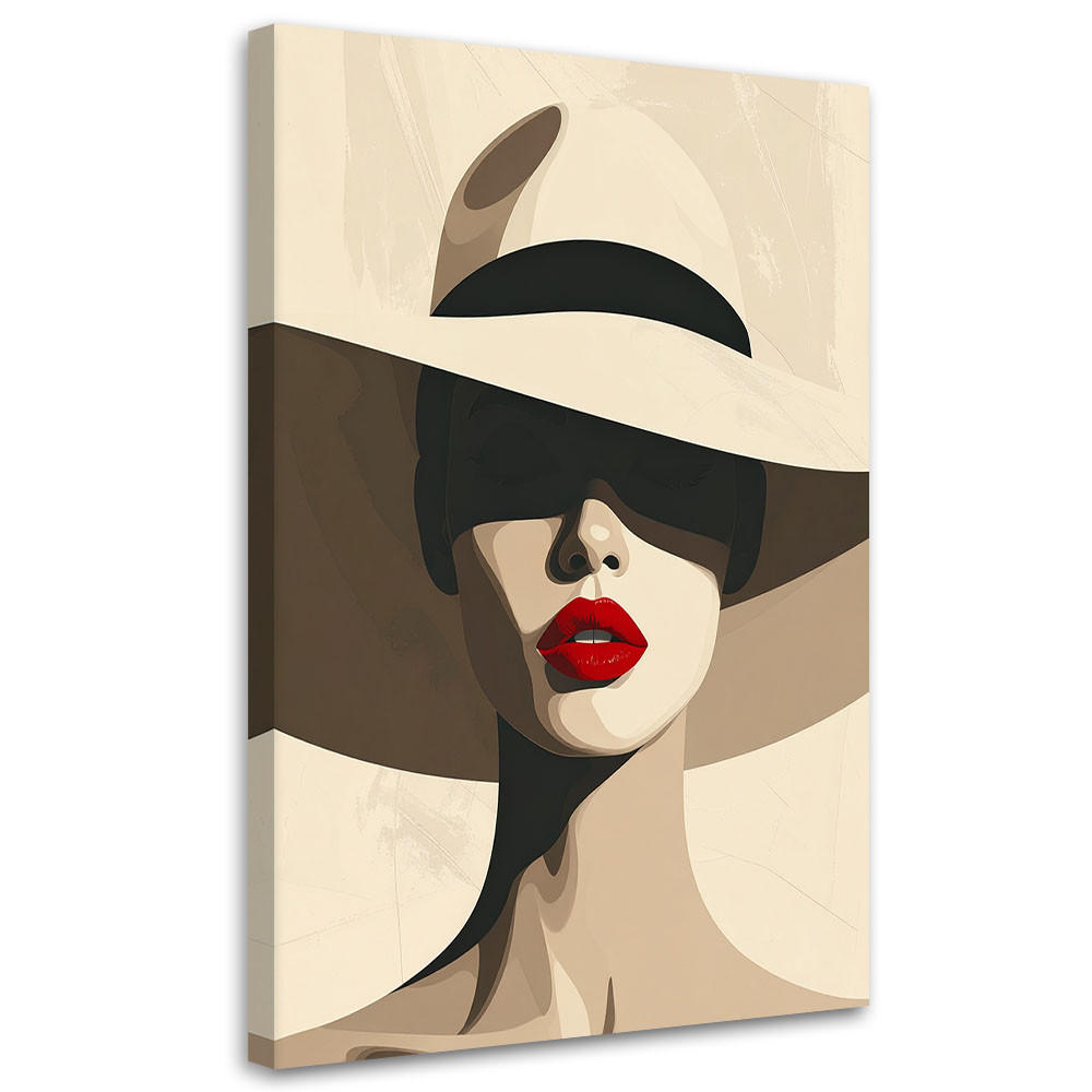 LEINWANDBILD, Eine Frau mit schwarzem Hut und roten Lippen - Beige, Textil (70/100cm) - Feeby