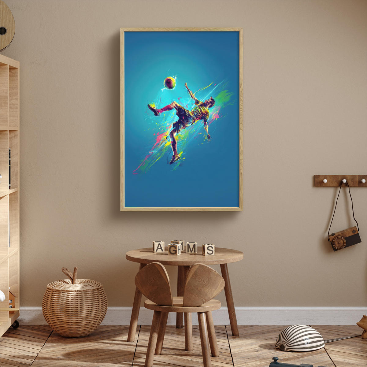 NACHTTISCHLAMPE MIT AKKU Fußballer - Farbspritzer - Farbenfroh - Ball 70x100 cm - Blau, Holzwerkstoff (8/70/100cm) - OnlyWow