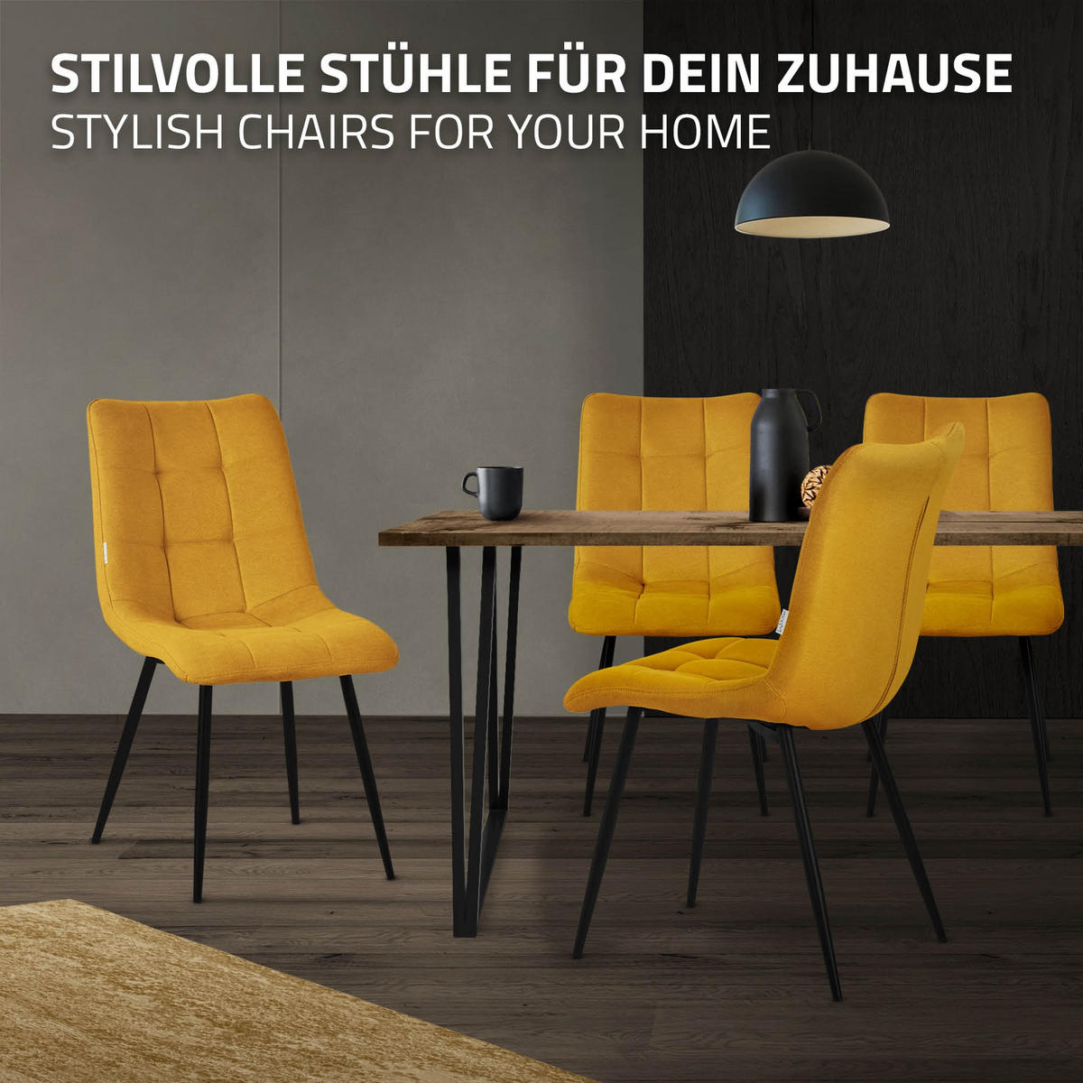 ESSZIMMERSTUHL 6ER-SET Senfgelb Stoffbezug - Dunkelgelb/Schwarz, Textil/Metall (49/89/60.5cm) - ML-DESIGN