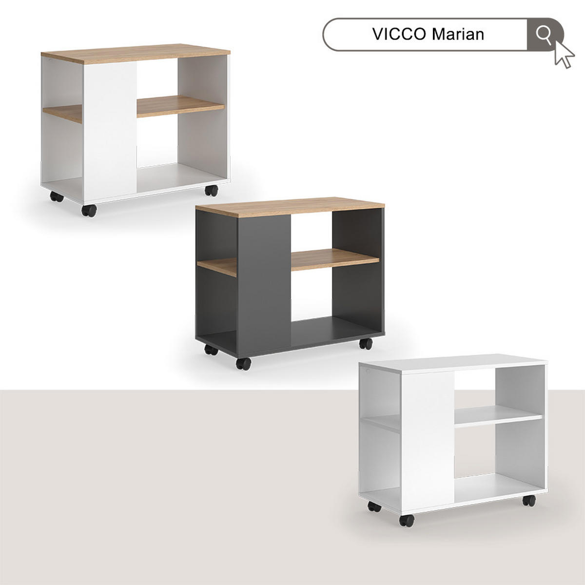 COUCHTISCH Marian Weiß 70 x 36.6 cm mit Rollen - Weiß, Holzwerkstoff (36.6/70/61cm) - Vicco