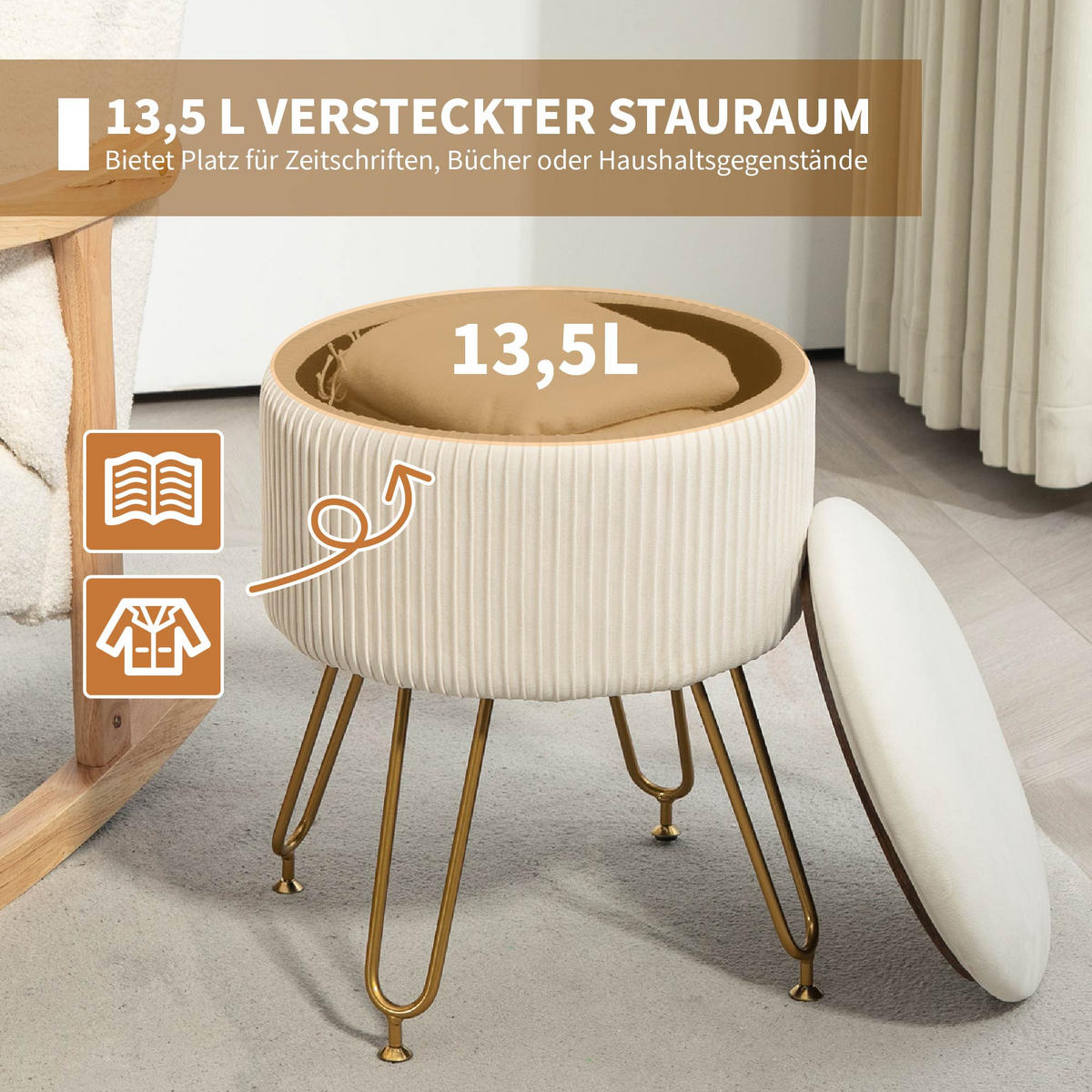 SITZBANK mit Stauraum, 2-in-1 Polsterbank mit Deckel, Bettbank mit Samtoptik - Creme, Kunststoff (40/48/40cm) - HOMCOM
