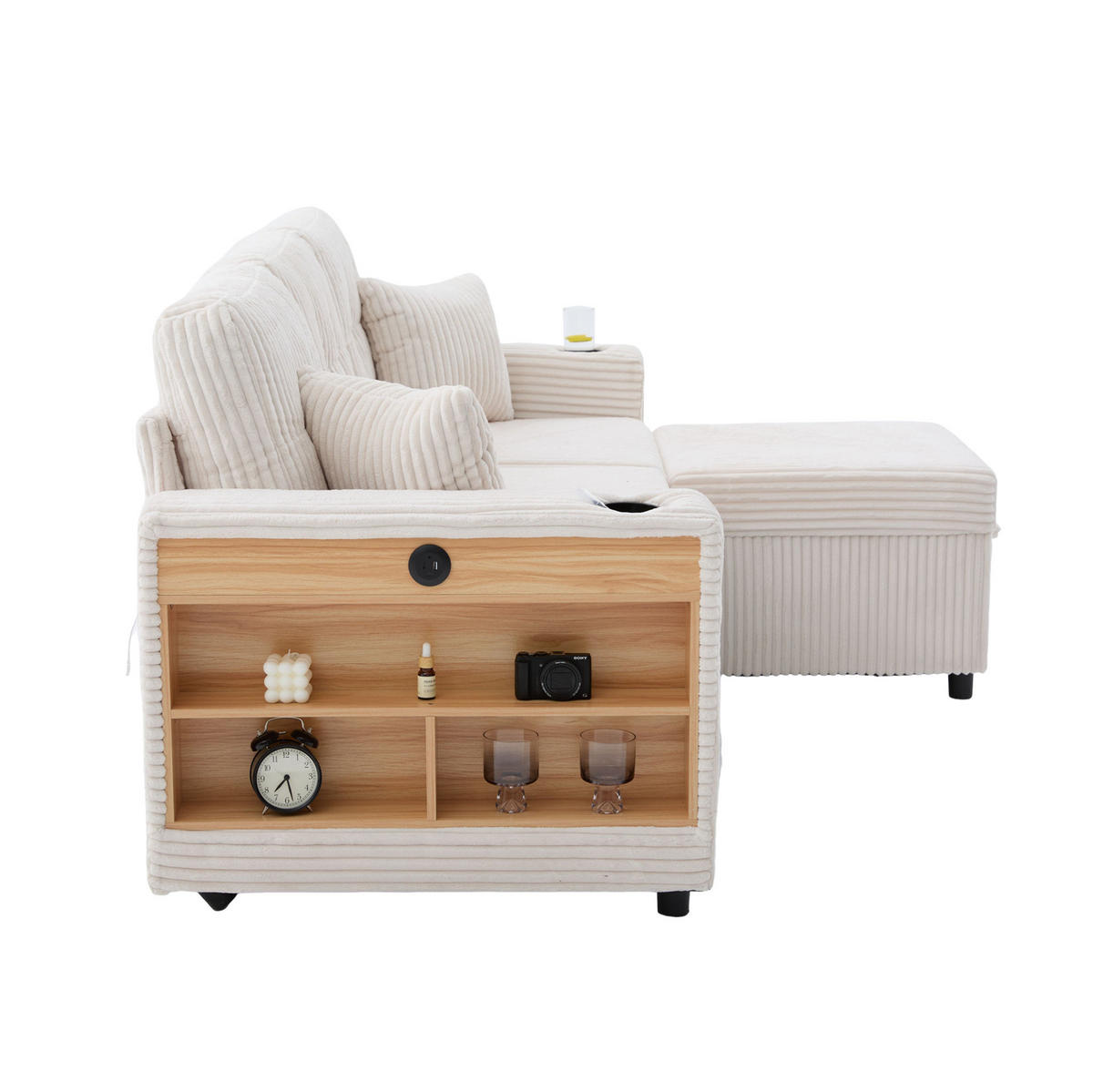 SCHLAFSOFA aus Cord 196x82-144x85 cm Beige mit Stauraum, USB-C, LED-Beleuchtung, Getränkehaltern und Ausziehfunktion - Beige, Textil (82/85/196cm) - Modfu