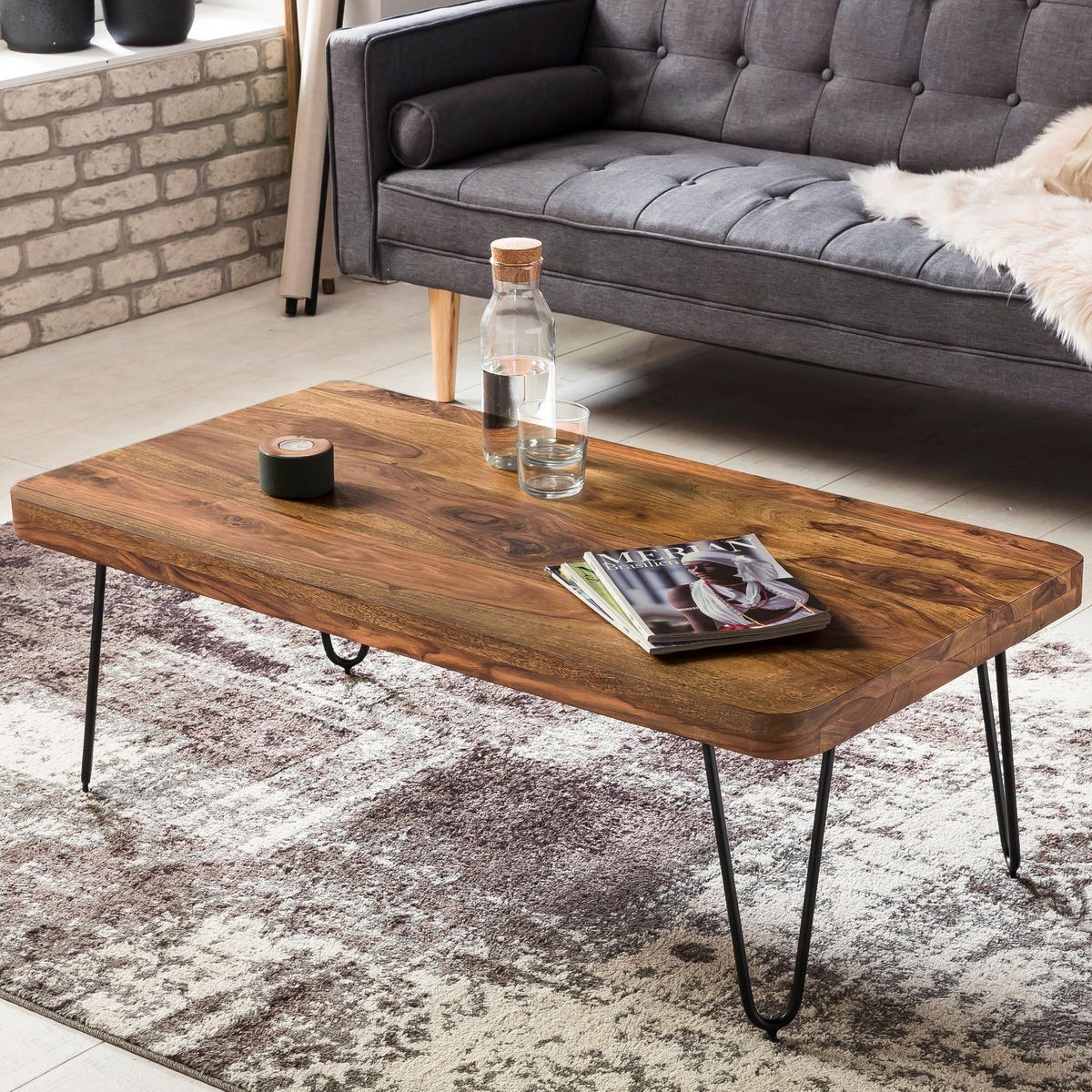 COUCHTISCH aus Massivholz mit Metallbeinen, handgefertigt, einzigartige Maserung, Braun 115x60x40 cm - Schwarz/Braun, Holz/Metall (60/115/40cm) - KADIMA DESIGN