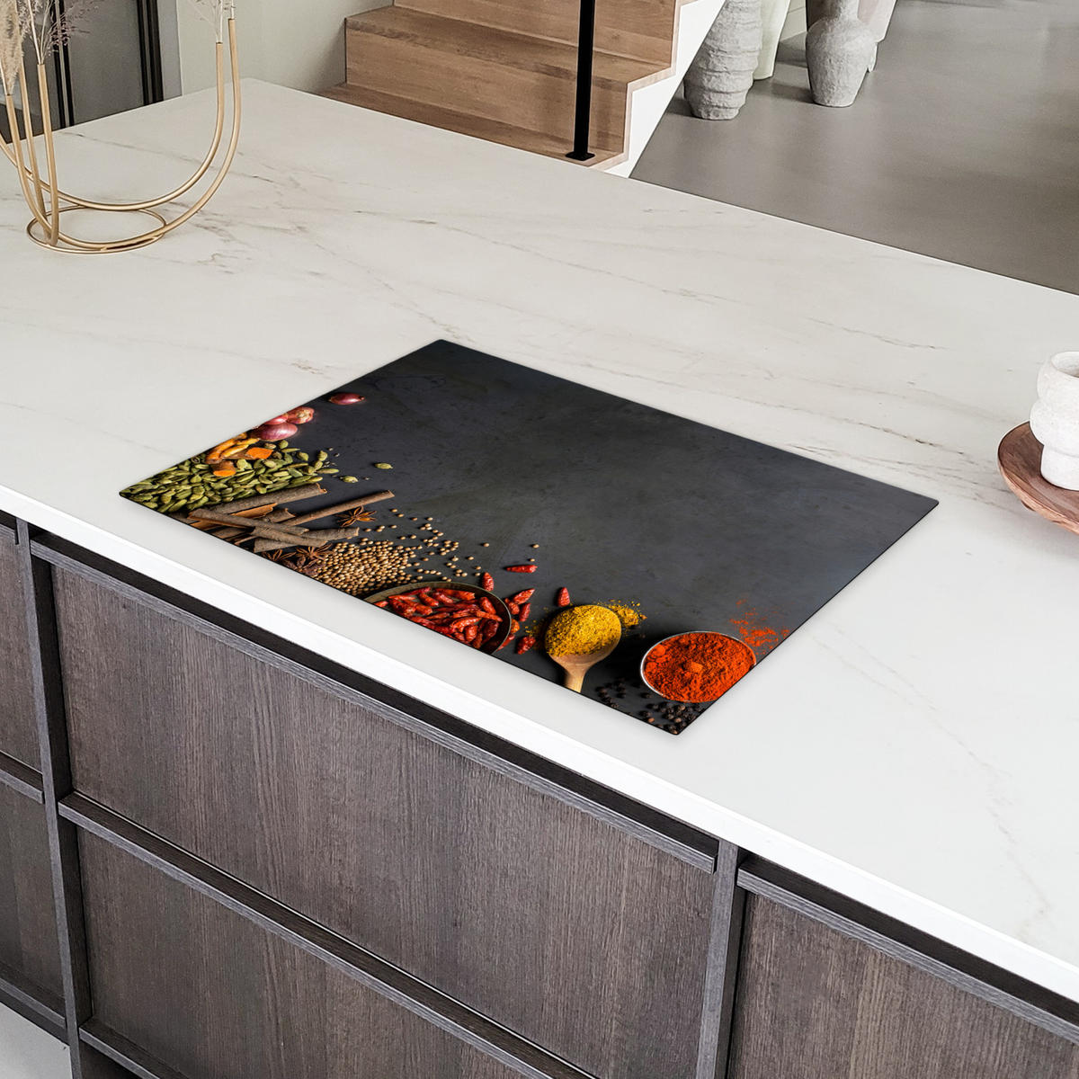 HERDABDECKPLATTE Kräuter - Lebensmittel - Gewürze - Schwarz - Paprika - Zimt 77x51 cm - Currygelb, Kunststoff (77/51/0.2cm) - MuchoWow