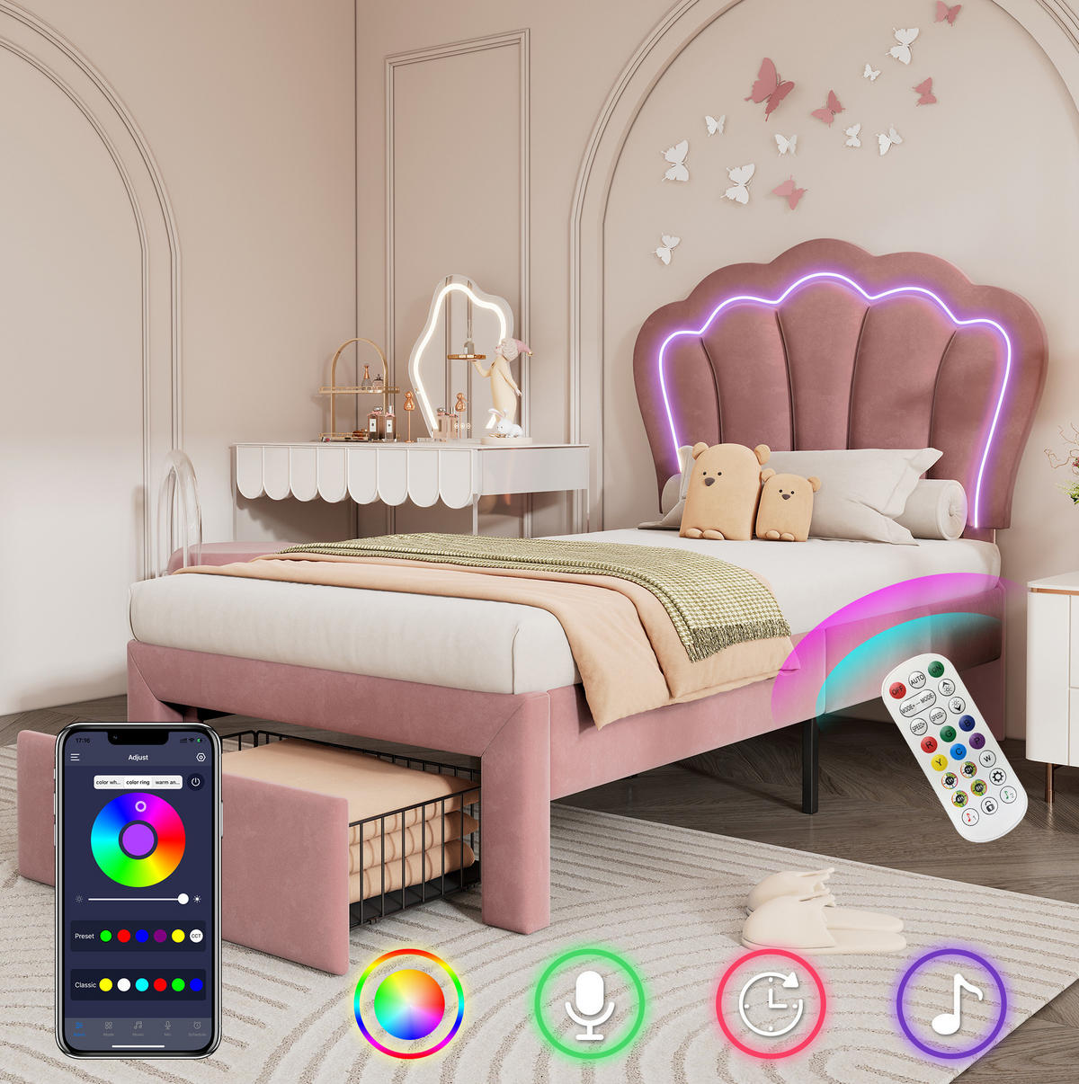 KINDERBETT 90/190 cm aus Samt mit LED-Beleuchtung und Schublade in Rosa - Rosa, Textil (90/190cm) - Flora Grace