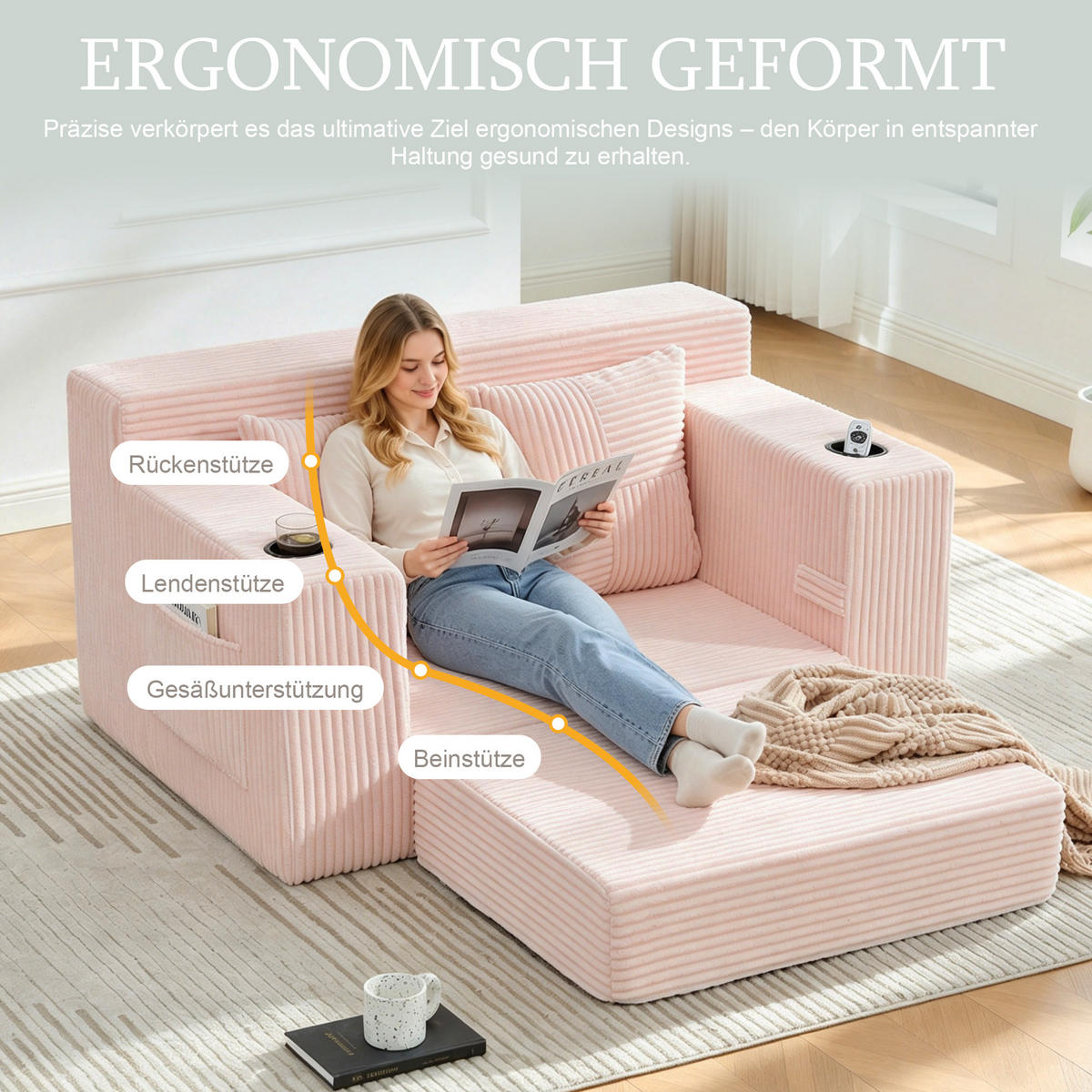 1,5-SITZER ausklappbar, Getränkehalter/Seitentasche, Cord, Rosa - Rosa, Textil (133/64/87cm) - LVHOM