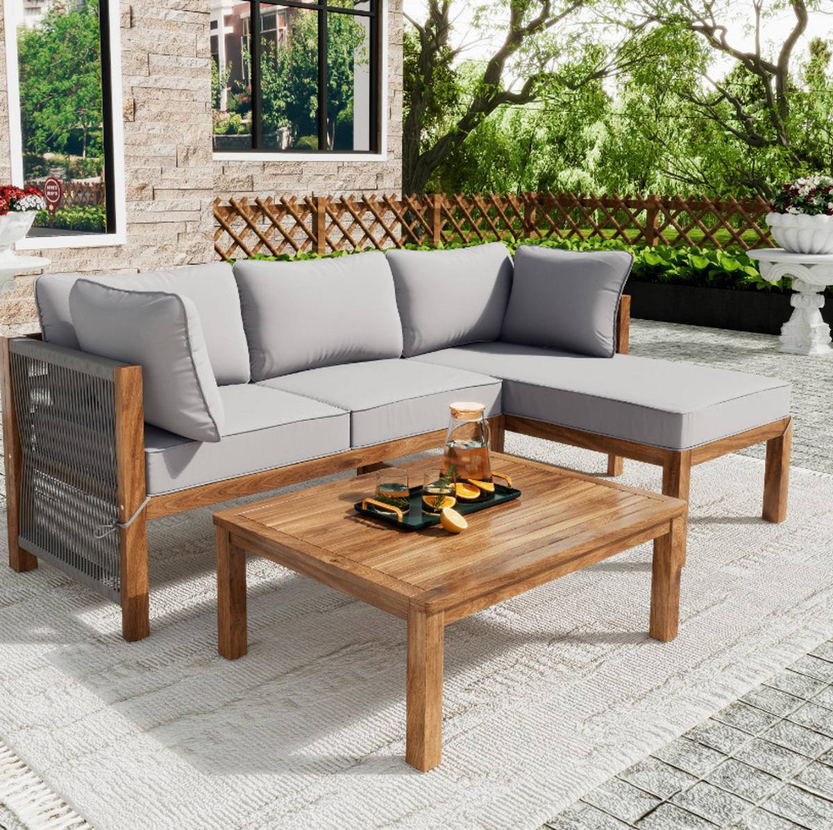 GARTENMÖBEL,2 Zweisitzer und 1 Tisch,grau - Grau, Holz - Vallsero