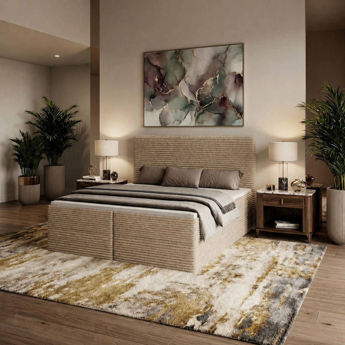 BOXBETT RAVENO mit Bettkasten 160x200 cm inkl. Bonell-Federkernmatratze H3 und Topper – Polsterbett Stoff TILIA Taupe - Taupe, Textil (160/200cm) - Luxkor24
