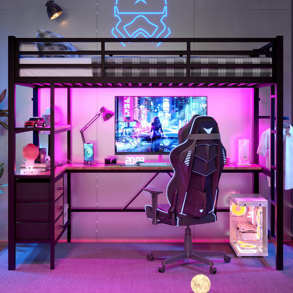 HOCHBETT 90/200 cm Schwarz mit LED und Schreibtisch ohne Matratze - Schwarz, Metall (90/200cm) - MIVRAY