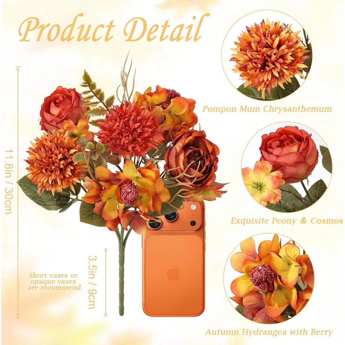 KUNSTBLUMEN Herbststrauß 2er Set Pfingstrosen Chrysanthemen 32 cm Orange - Orange, Textil (30cm)