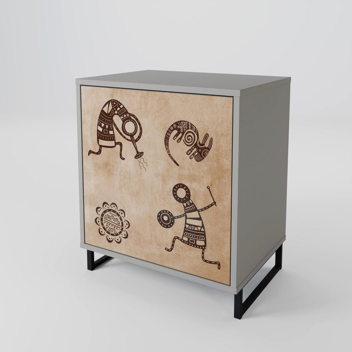 SIDEBOARD AFRICAN STYLE, Grau, 57,5x42x72,5 cm, Schwarze Metallfüße - Multicolor/Schwarz, Holzwerkstoff/Metall (57.5/72.5/42cm) - SpaceRebels