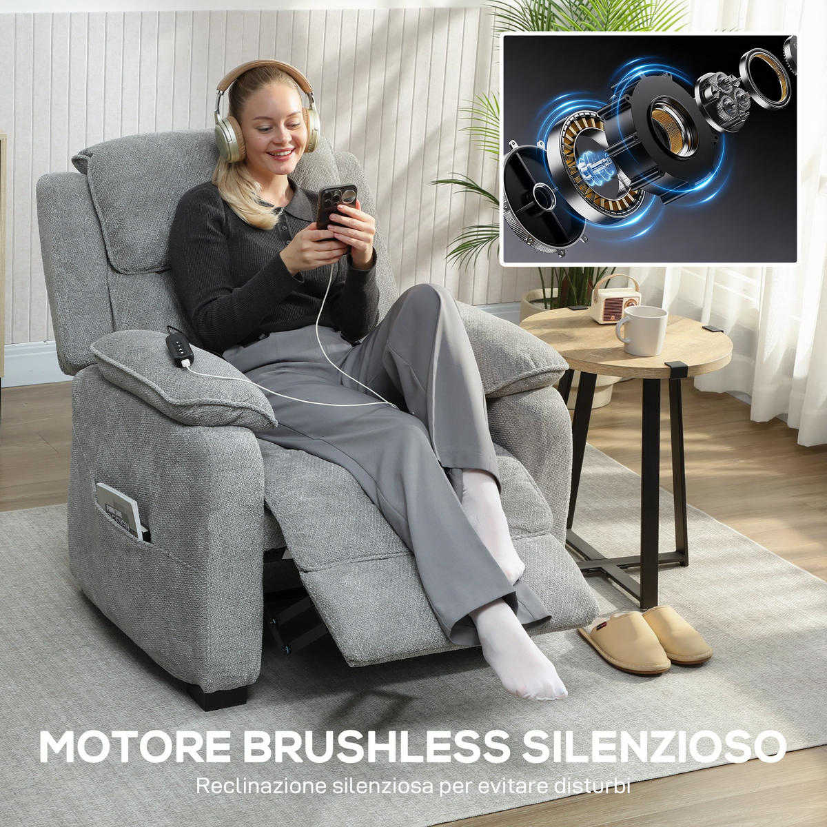 RELAXSESSEL,150° Samtoptik Fußstütze Fernbedienung Seitentasche,grau - Grau, Textil (90/103/96cm) - Vallsero