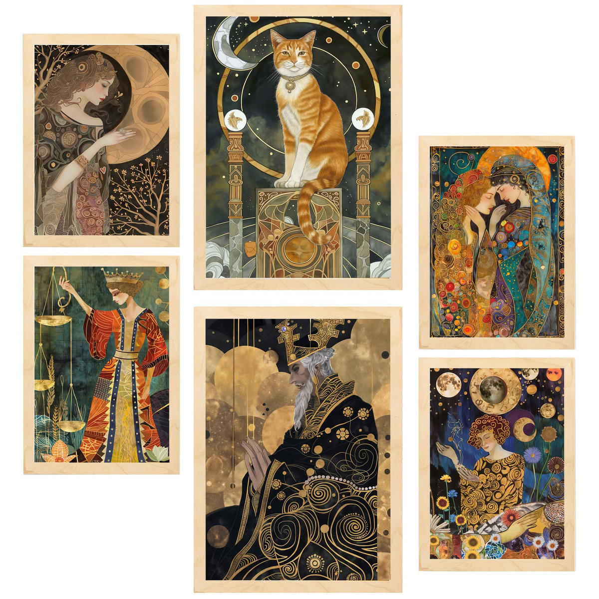 POSTER Set Mit 6 Tarotkarten Kartomantie Arcana A3 & A4 Rahmen Aus Hellem Holz - Beige, Papier (29/3cm) - Nacnic