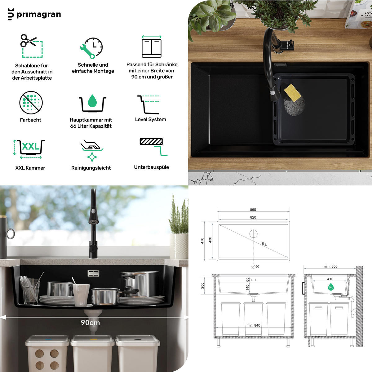 UNTERBAUSPÜLE GRANIT Praga, 2-er set Weiß 86/47 cm 1 Becken + Ablauf-Set + Aufrollbare Abtropffläche ab 90er Unterschrank - Chromfarben/Weiß, Kunststoff (86/20/47cm) - Primagran