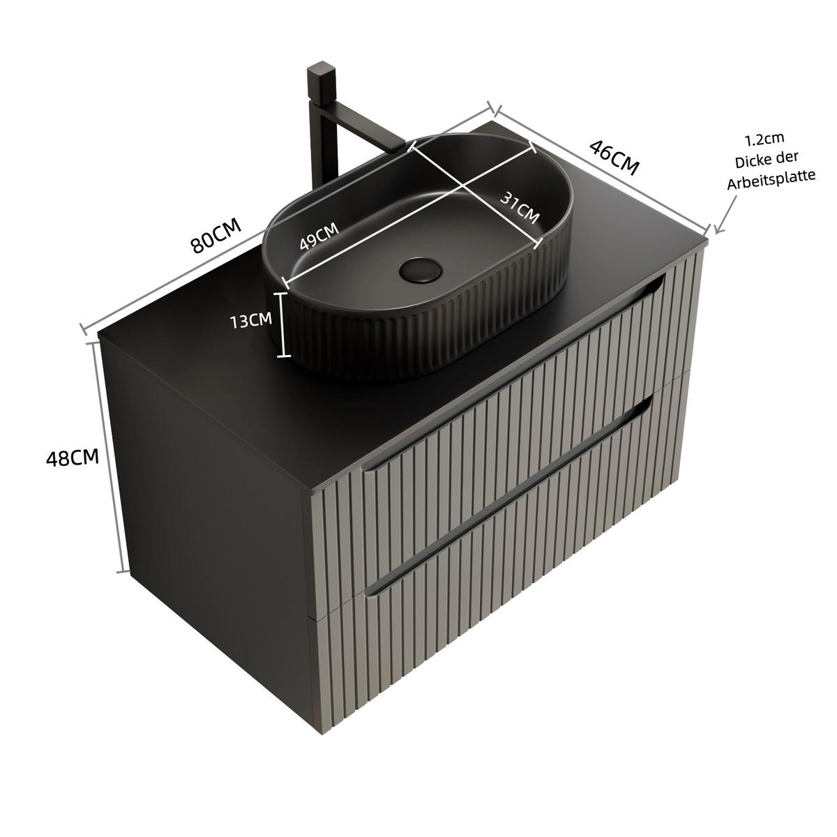 WASCHTISCHUNTERSCHRANK 80x46x62.2cm Schwarz/Dunkelgrau mit ovalem Keramikbecken & 2 Schubladen - Dunkelgrau, Keramik (80/62.2/46cm) - Modfu