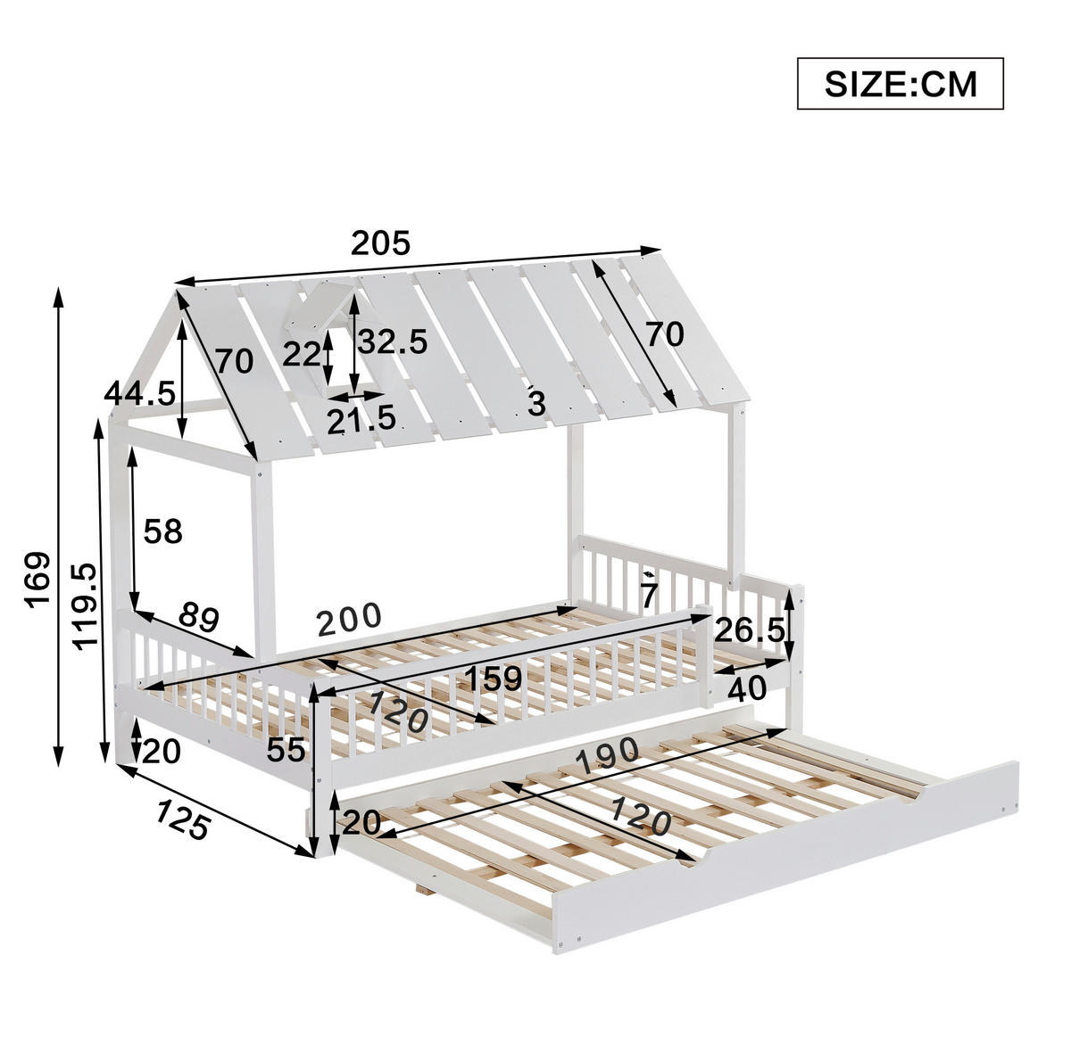 HAUSBETT 120/200 cm und 120/190 cm Weiß mit Rollbett und Dach mit Kaminleiste aus Kiefer+MDF - Weiß, Holzwerkstoff (120/200cm) - OKWISH