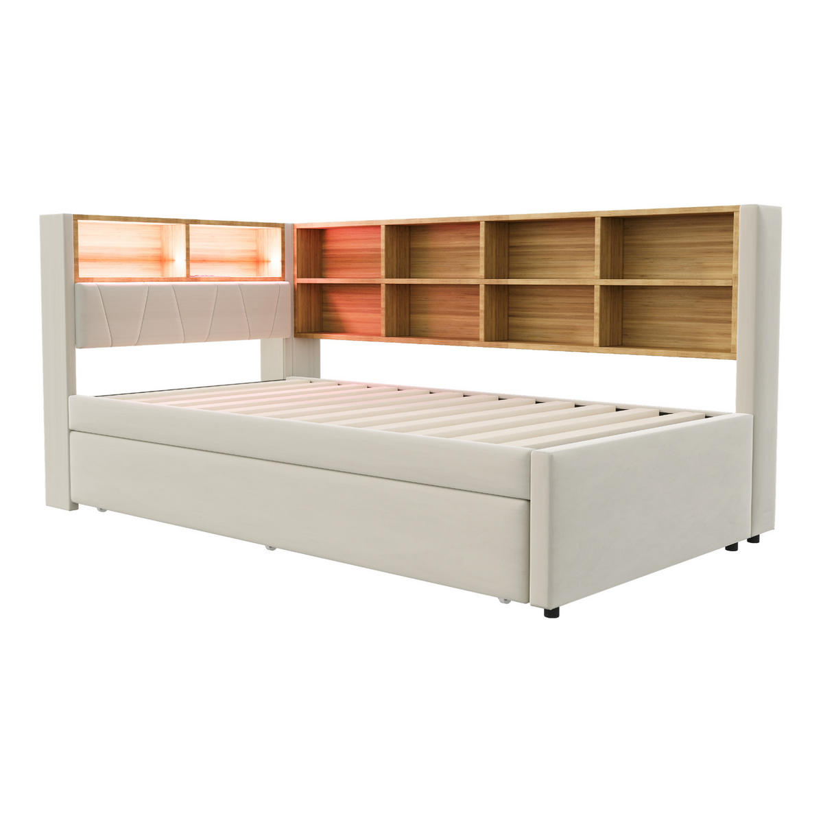 BETT 90/200 cm mit Ausziehbett, LED, Stauraum und Ladeanschlüssen - Beige, Textil (90/200cm) - BEAOK