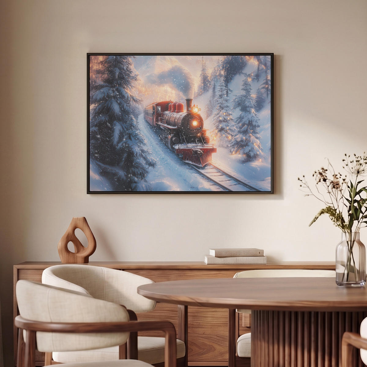 LEINWAND Bilder mit Rahmen - Weihnachtszug - Schnee - Winter - Weihnachten - 80x60 - Dunkelrot, Textil (80/60cm) - MuchoWow