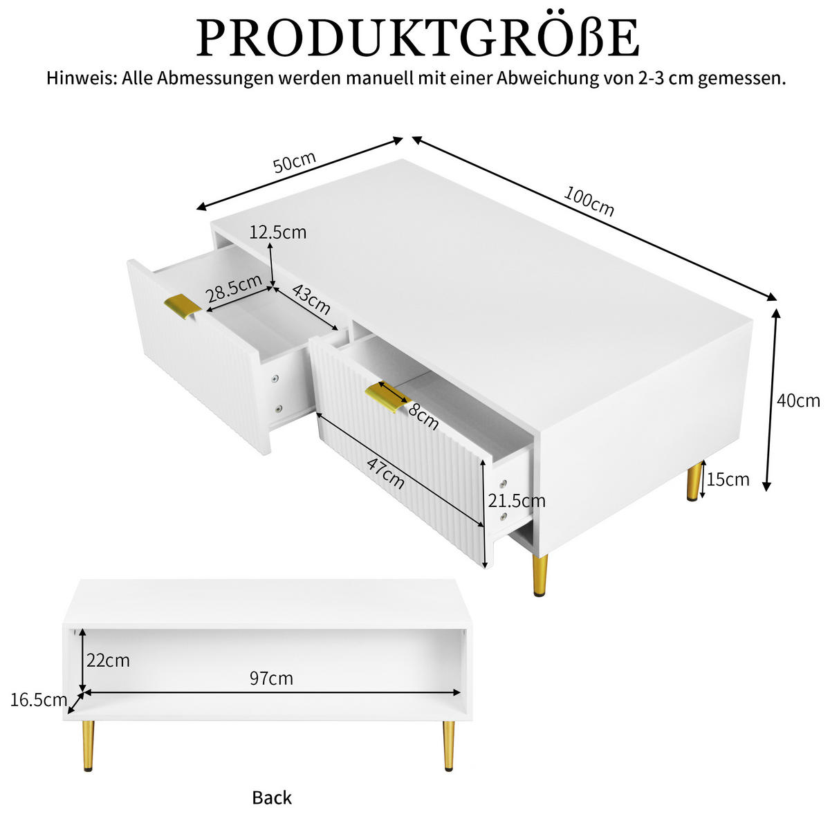 COUCHTISCH aus MDF 100x50x40 cm in Weiß mit 2 Schubladen - Weiß, Holzwerkstoff (100/50/40cm) - Modfu