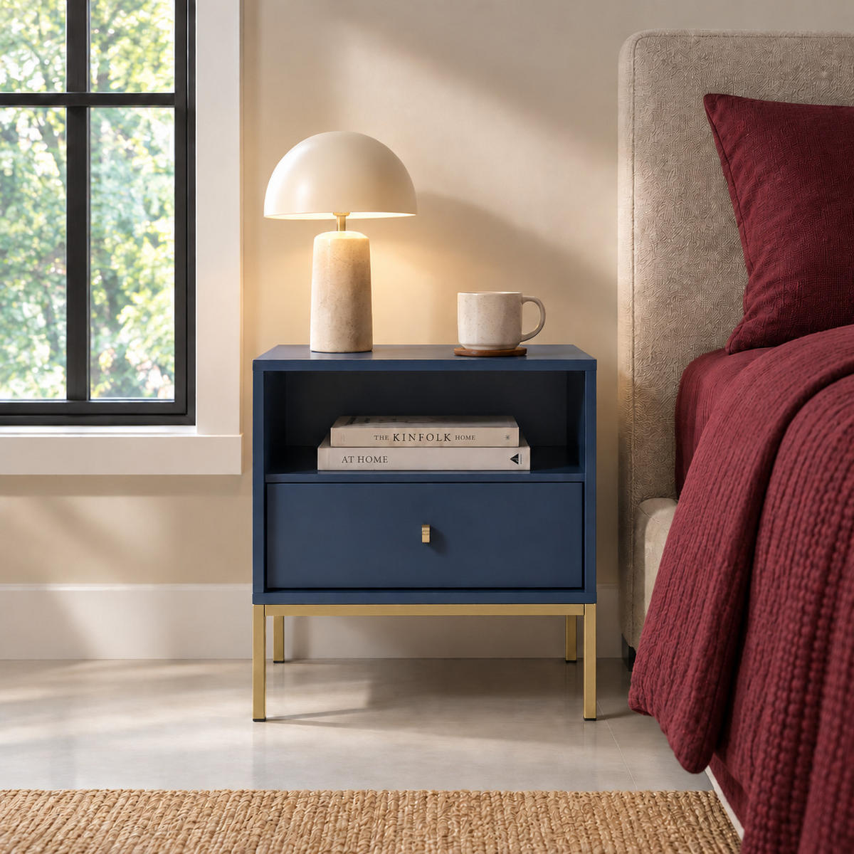 NACHTTISCH BARI SN1SZ (Blau, Goldene Griffe, Goldenes Gestell, Schublade) - Goldfarben/Dunkelblau, Holz/Holzwerkstoff (54/56/39cm) - Ravio