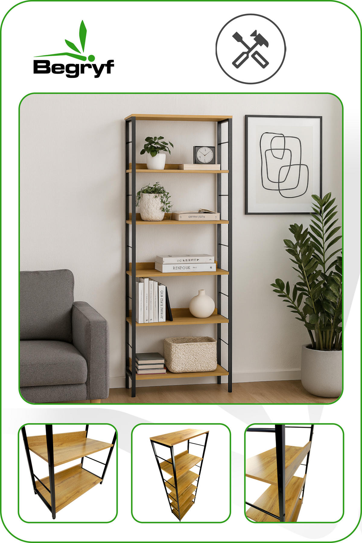 STANDREGAL Holzoptik Metall Eichebraun Schwarz 6 Ebenen 178×60×30 cm - Eichefarben/Schwarz, Holzwerkstoff/Metall (60/178/30cm) - Begryf