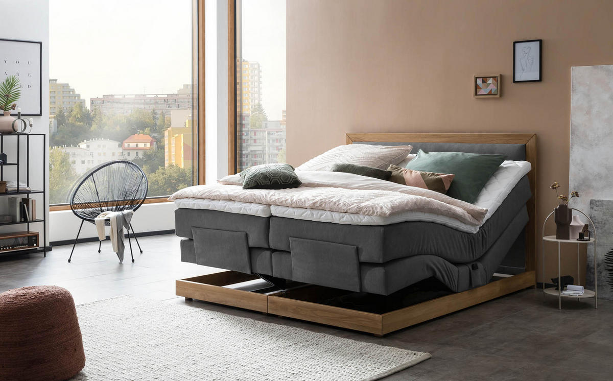 BOXSPRINGBETT ELEKTRISCH VERSTELLBAR MODELA 160x200 Anthrazit H2 und H3 Motorbett in Eiche mit 7-Zonen Taschenfederkern Matratze inkl. Visco Topper - Anthrazit, Textil (160/200cm) - Belanoti