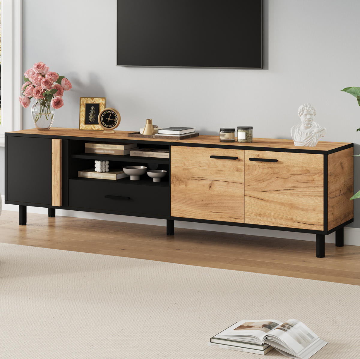 TV-LOWBOARD 180/32,5/50 cm mit 3 Türen und Schublade in Holzoptik/Schwarz - Schwarz, Holzwerkstoff (180/50/32.5cm) - BEAOK