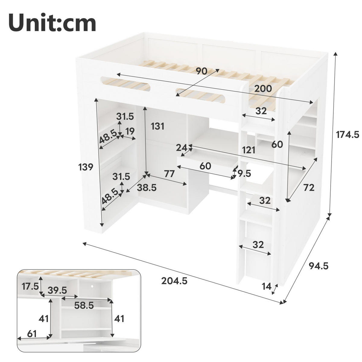 HOCHBETT 90x200 cm in Weiß mit Schreibtisch, LED-Beleuchtung und Stauraum - Weiß, Holz (90/200cm) - IVMEU