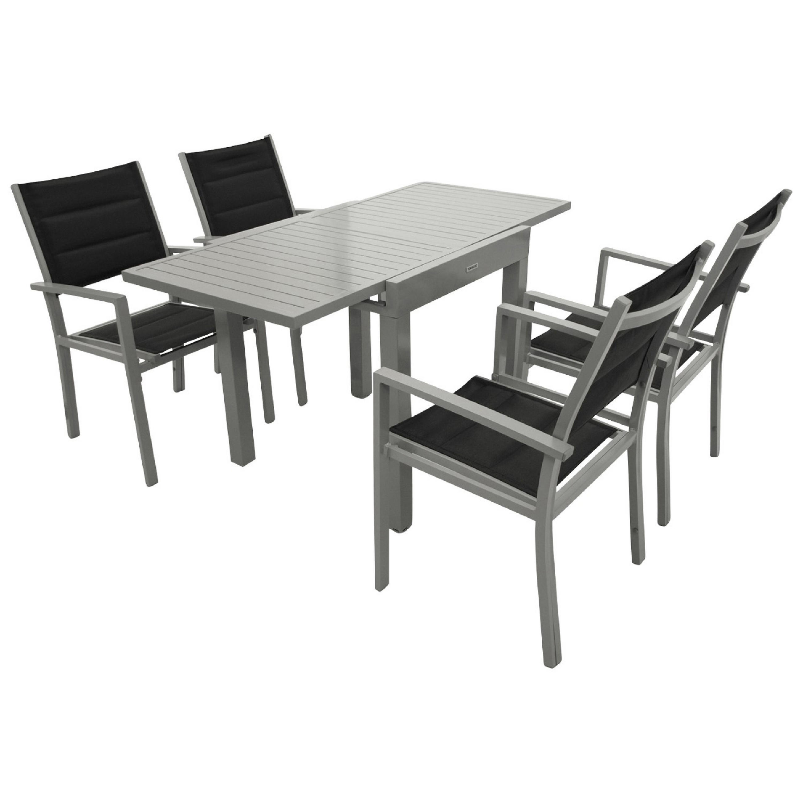 GARTEN-GARNITUR Ashford - 5-teilige Garten-Essgruppe (4x Sessel Aluminium silbergrau + Textilgewebe gepolstert schwarz - Schwarz, Metall - TPFGarden