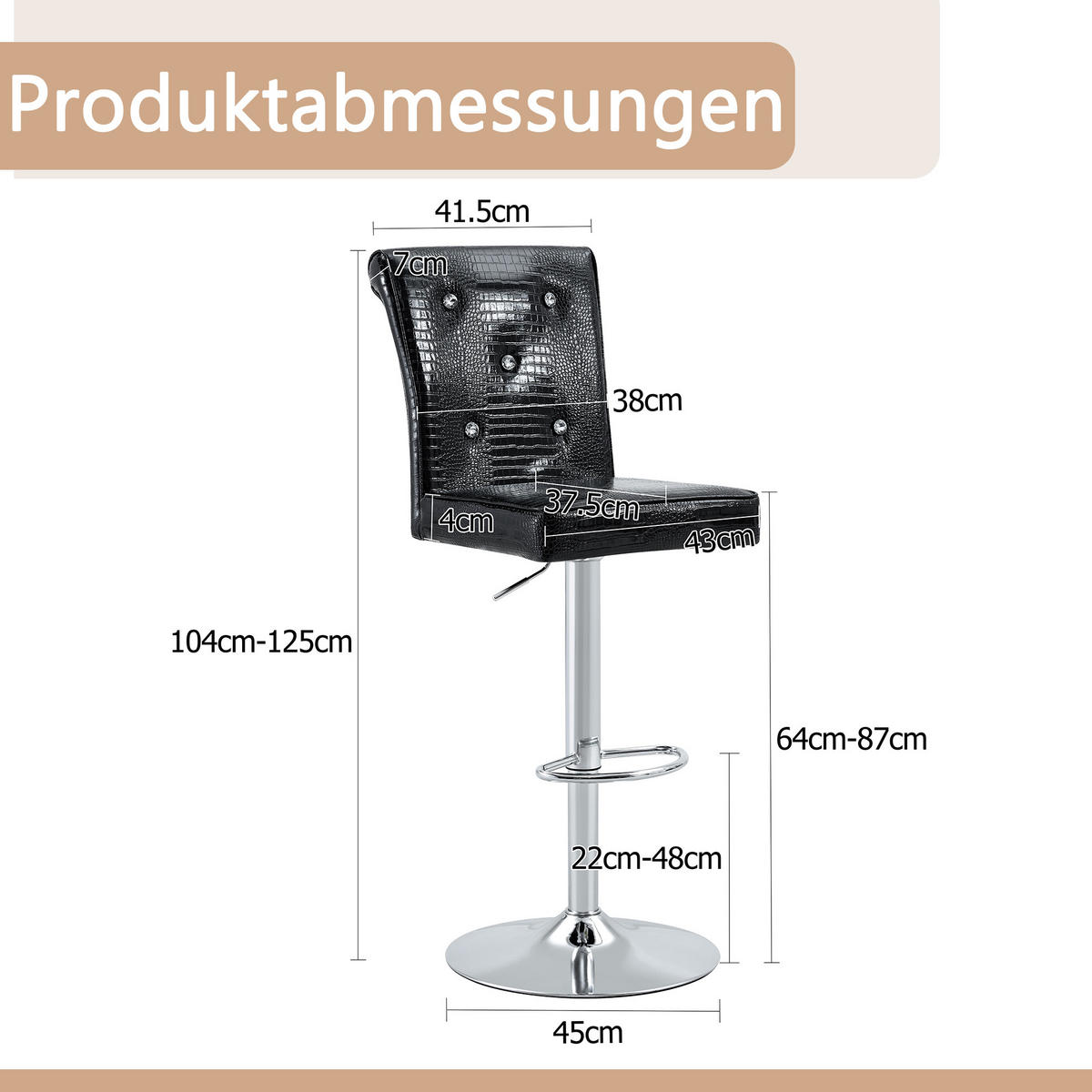 BARSTUHL mit PVC-Bezug und Kristallknopf-Details, Schwarz - Schwarz, Kunststoff (42/125/55cm) - MIVRAY