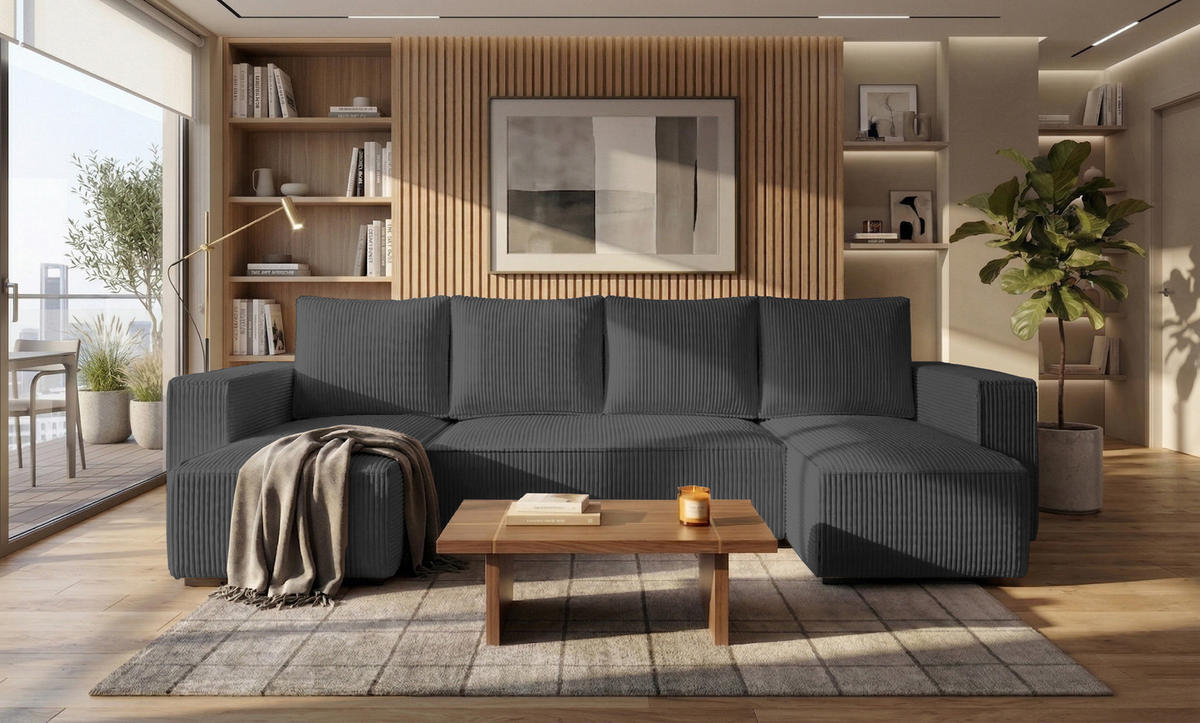 WOHNLANDSCHAFT CUDDY Umit Schlaffunktion und Bettkasten, Farbe: Dunkelgrau, Cordstoff - Dunkelgrau, Textil (305/85/140cm) - Storez24