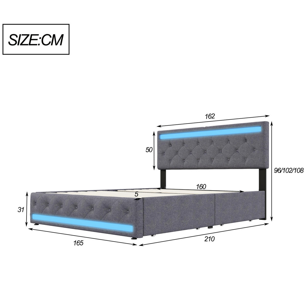 POLSTERBETT 160x200 cm mit LED und USB, Doppelbett mit Lattenrost und Kopfteil, Bett 160x200, Leinenstoff, Grau - Grau, Holzwerkstoff/Textil (160/200cm) - GENKI LIVING