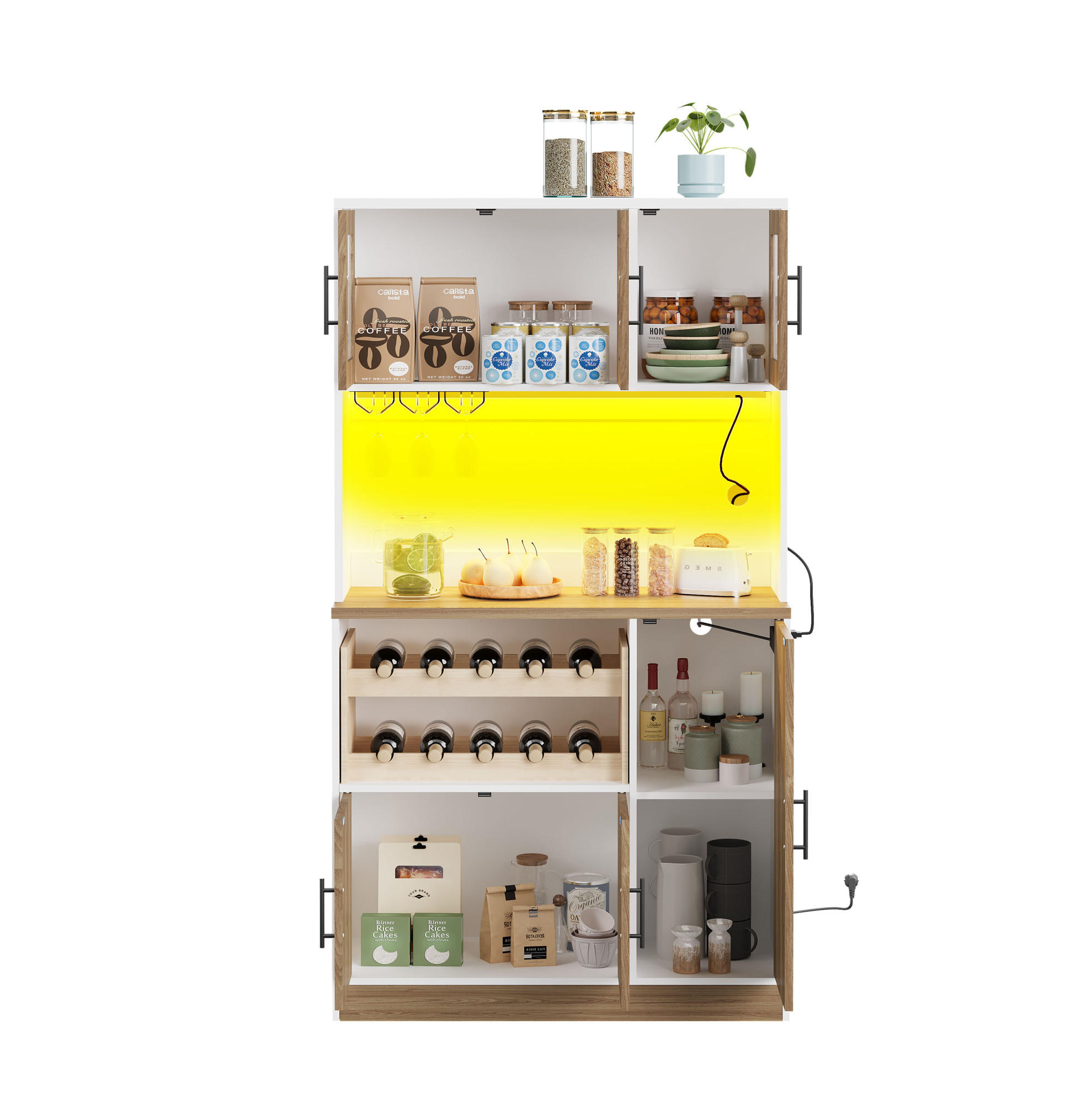 BUFFET 100/40/180 cm in Weiß/Sonoma-Eiche mit LED-Beleuchtung und Weinregal - Weiß, Holzwerkstoff (100/180/40cm) - Flora Grace