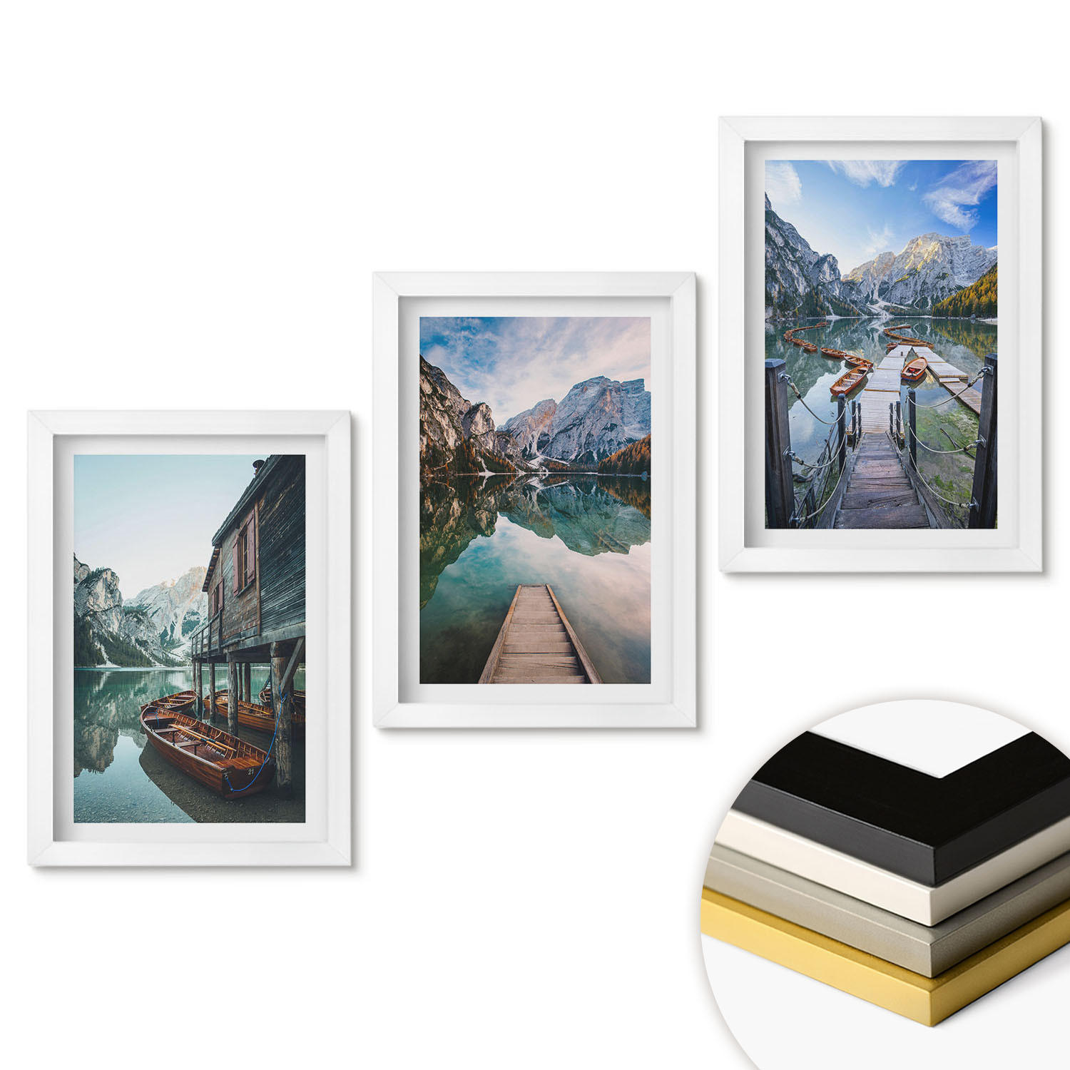 WANDBILDER 3er-Set - 20x30 cm Weißer Rahmen - See Berge Holzboote - Weiß, Kunststoff (20/30cm) - ArtPrintCave