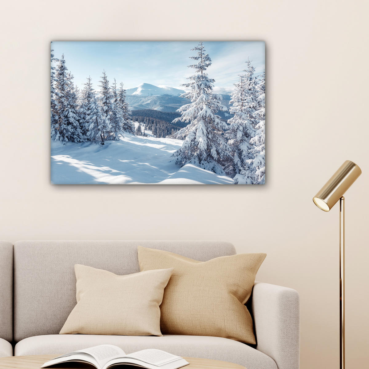LEINWANDBILD Winterlandschaft - Natur - Berge - Bäume - Schnee Wanddeko 90x60 cm - Hellblau, Textil (90/60cm) - MuchoWow