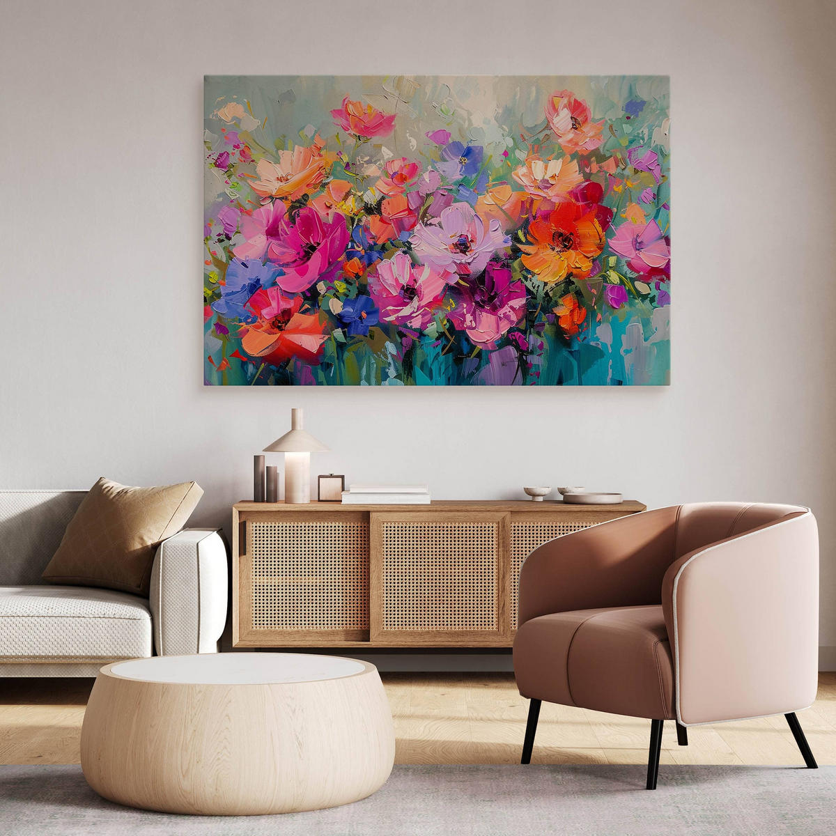 LEINWANDBILD Blumen Malarei Abstraktion 90x60 - Blau/Beige, Textil (90/60cm) - Muralo