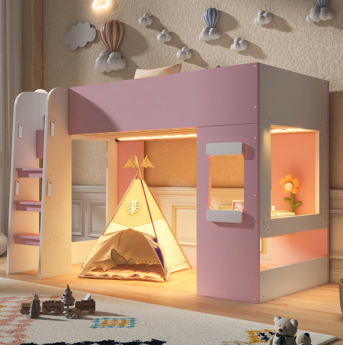 HOCHBETT aus MDF und Sperrholz 90x200 cm Rosa mit LED-Beleuchtung und Schreibtisch - Pink, Holzwerkstoff (90/200cm) - Modfu