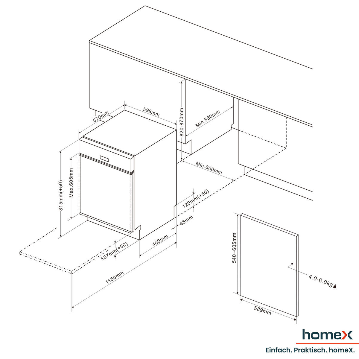 GESCHIRRSPÜLER teilintegrierbar 60 cm, Einbau Spülmaschine - 14 Maßgedecke, 7 Programme, AquaStop, 44 dB - Silberfarben, Kunststoff/Metall (59.8/81.5/57cm) - homeX