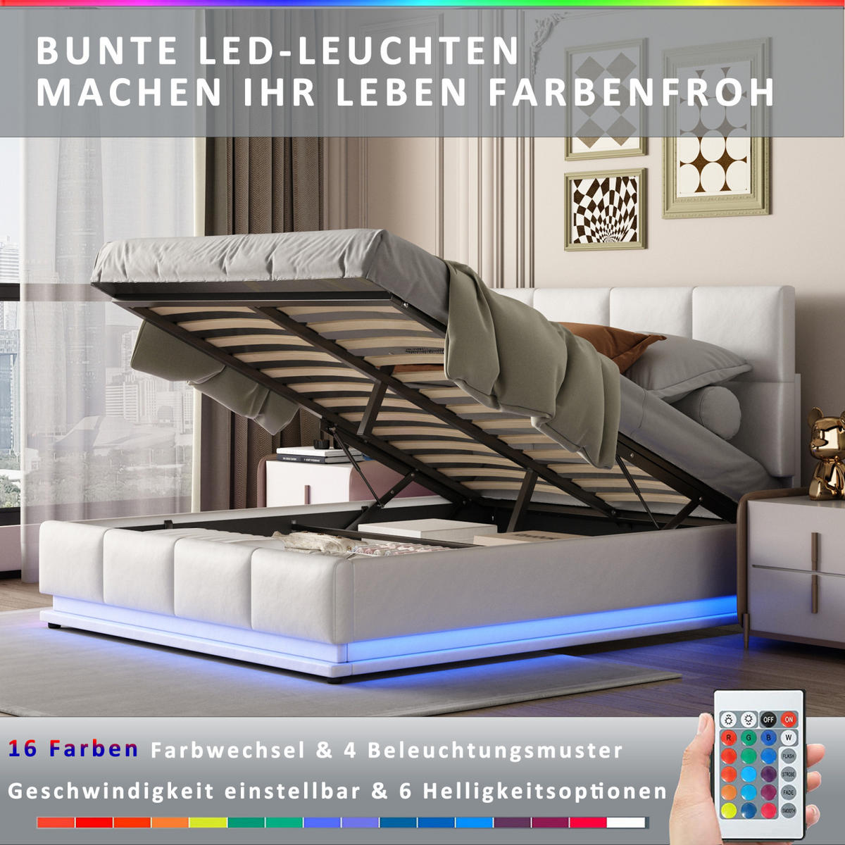 POLSTERBETT 140x200 cm, Weiß, mit LED-Beleuchtung - Weiß, Textil/Metall (140/200cm)