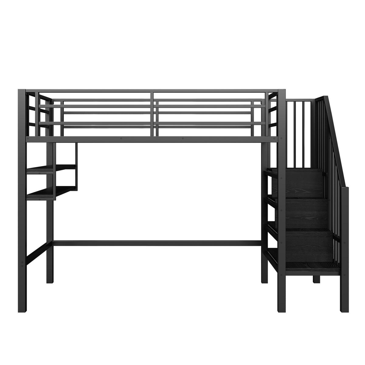 HOCHBETT 90/200 cm aus Metall und MDF mit Stauraumleiter und Regalen Schwarz - Schwarz, Metall (90/200cm) - Modenvie
