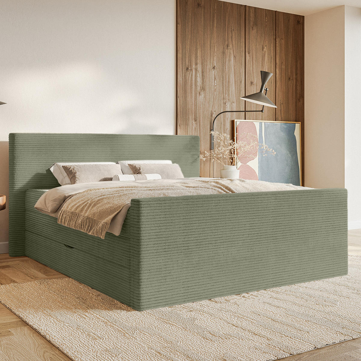 BOXSPRINGBETT Velipoja Cord 140x200 cm, Olive - Olivgrün, Textil (140/200cm) - Fedve