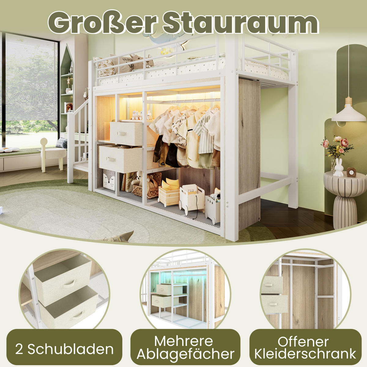 HALBHOHES BETT 90/200 cm Weiß mit 2 Schubladen und LED-Beleuchtung - Weiß, Metall (90/200cm) - MIVRAY