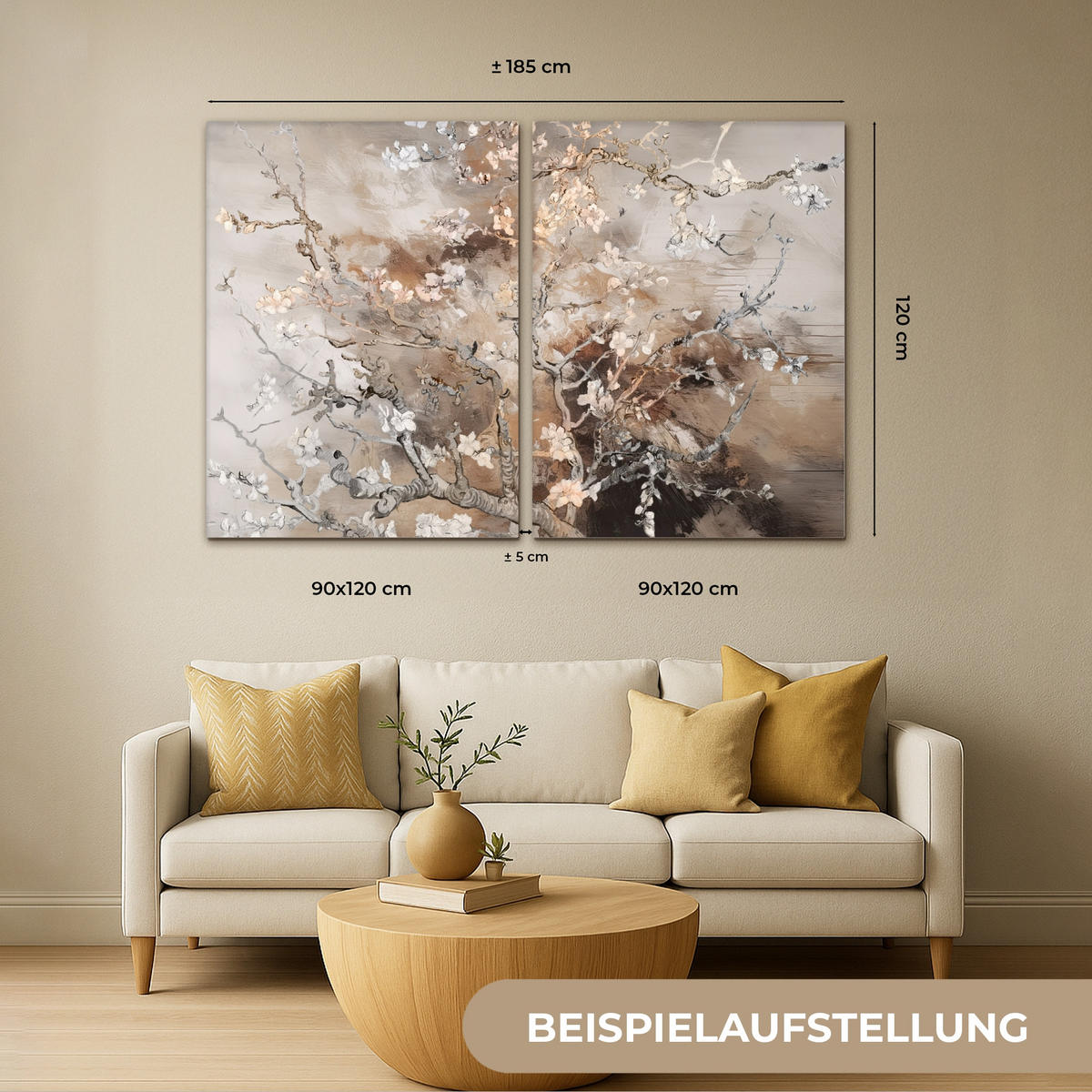 OBRAZ NA PLÁTNĚ 2dílná sada Mandlový květ - abstraktní - béžový 180x120 cm - béžová, textil (180/120cm) - MuchoWow