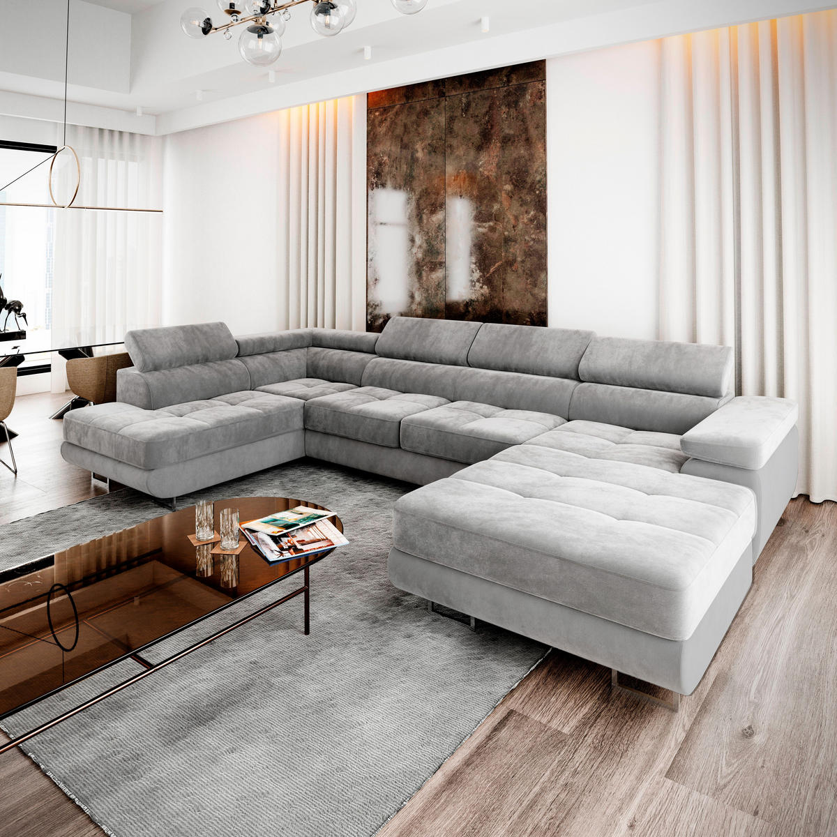WOHNLANDSCHAFT CASONE L-S Hellgrau Velours-Stoff mit Schlaffunktion - Hellgrau, Holz (345/90/202cm) - MASSENO