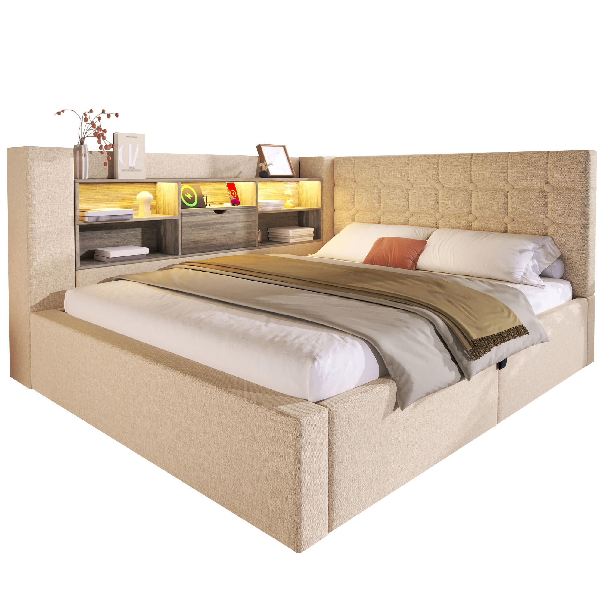 STAURAUMBETT 140/190 cm DE-00620, in Beige, LED-Beleuchtung und USB-Anschluss - Beige, Metall (140/190cm) - ComfortXL