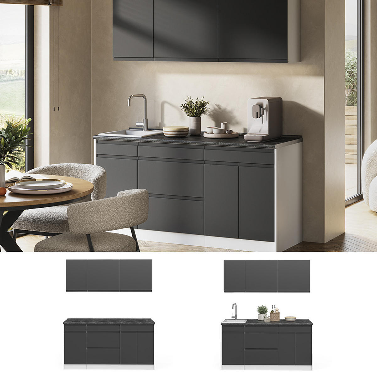 SINGLEKÜCHE R-Line, Anthrazit/Weiß, 160 cm Arbeitsplatte Satin - Anthrazit/Weiß, Holzwerkstoff (160/81.6/60cm) - Vicco